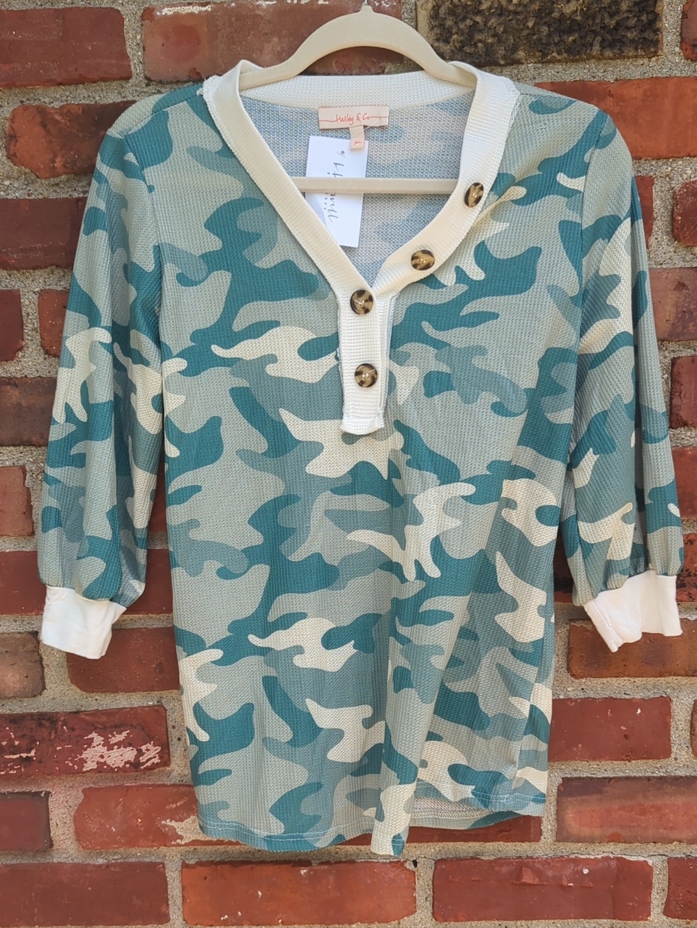 Camo Henley Long-Sleeve Top in Teal & White